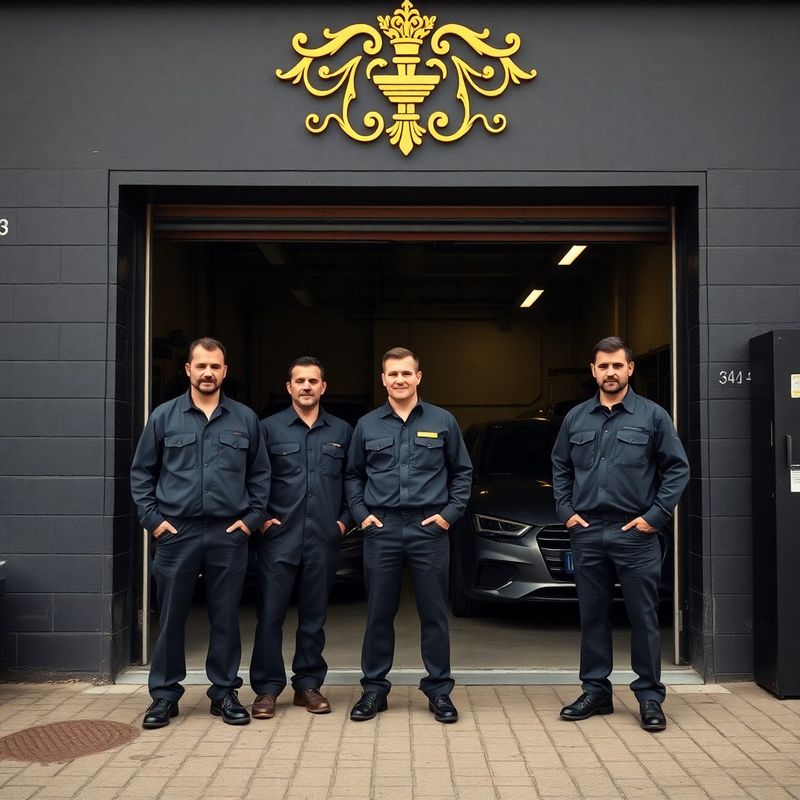Tým mechaniků IN ENGINEERING v tmavých uniformách před dílenským boxem